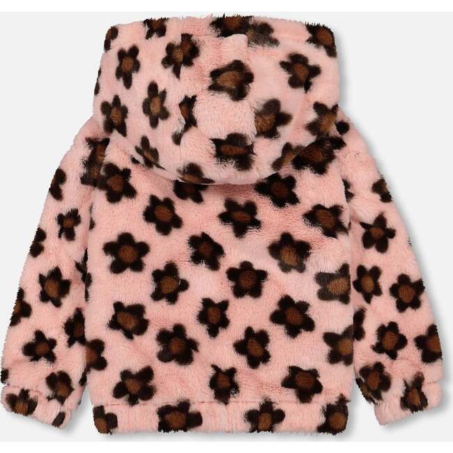Floral Print Faux Fur Hooded Jacket, Pink & Brown - Jackets - 3