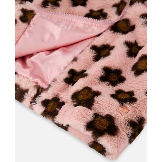 Floral Print Faux Fur Hooded Jacket, Pink & Brown - Jackets - 4