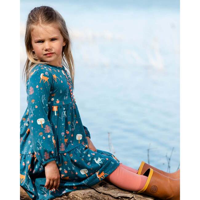 Fawns & Apples Print Brushed Jersey Long Sleeve Dress, Teal Blue