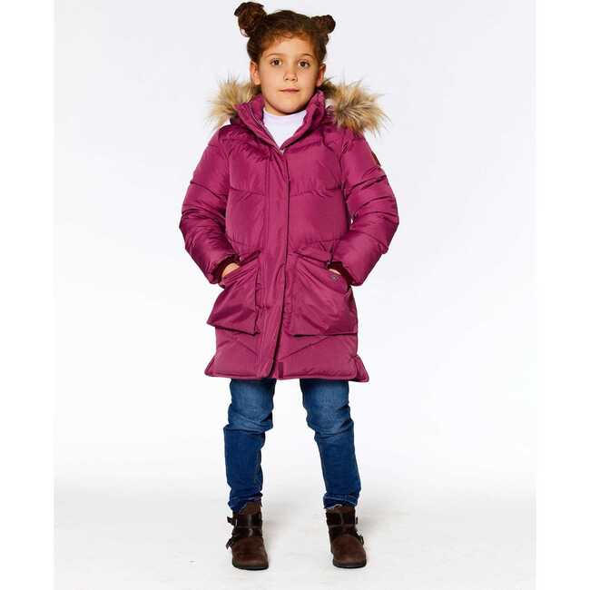 Faux Fur Hooded Puffy Long Coat, Burgundy - Jackets - 2