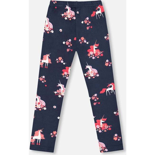 Flowery Unicorn Print Brushed Jersey Leggings, Navy - Leggings - 5