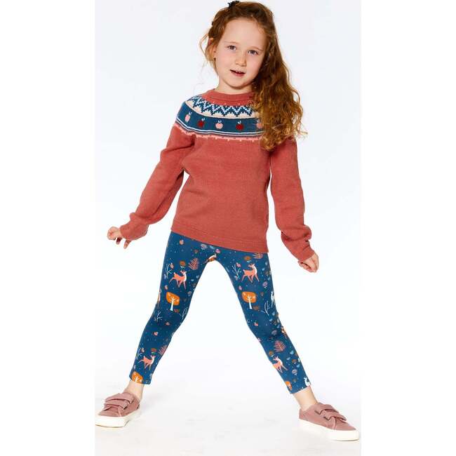 Fawns & Apples Print Brushed Jersey Leggings, Teal Blue - Leggings - 3