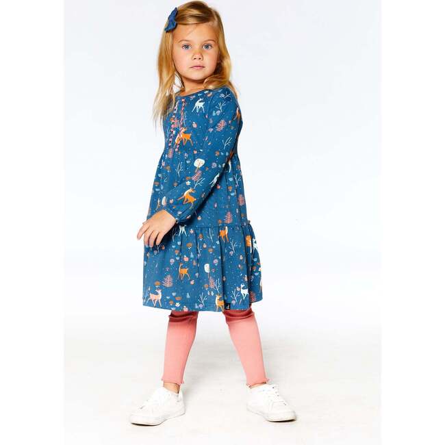 Fawns & Apples Print Brushed Jersey Long Sleeve Dress, Teal Blue - Dresses - 3