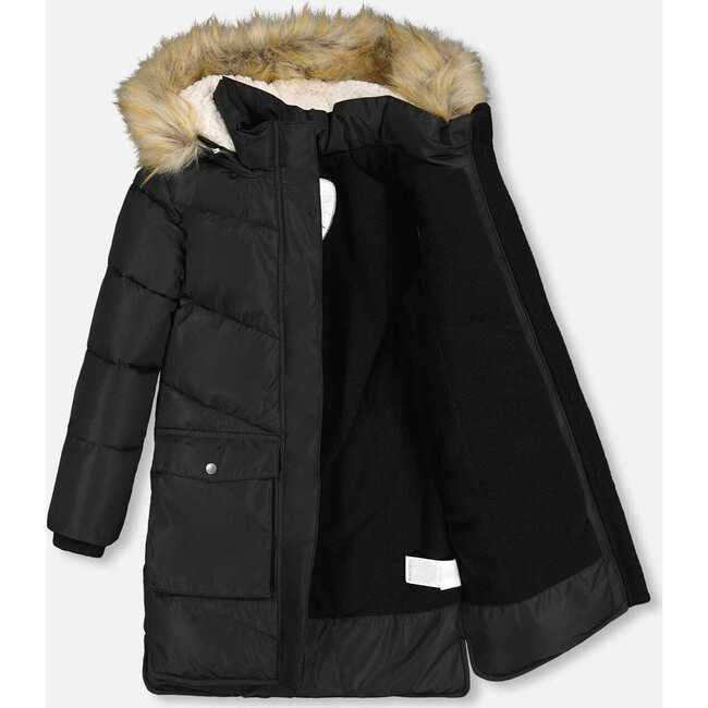 Faux Fur Hooded Puffy Long Coat, Black - Jackets - 4