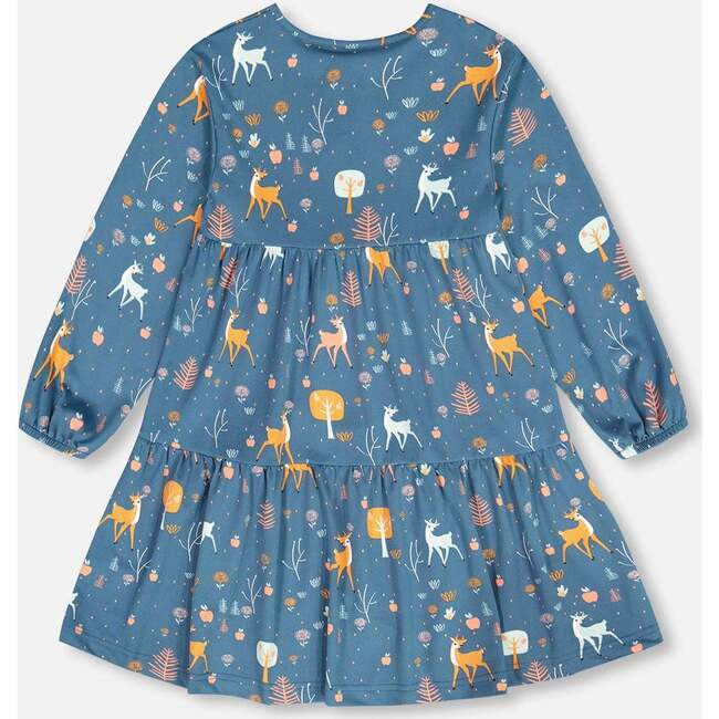 Fawns & Apples Print Brushed Jersey Long Sleeve Dress, Teal Blue - Dresses - 4