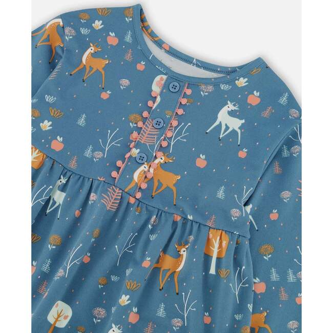 Fawns & Apples Print Brushed Jersey Long Sleeve Dress, Teal Blue - Dresses - 5