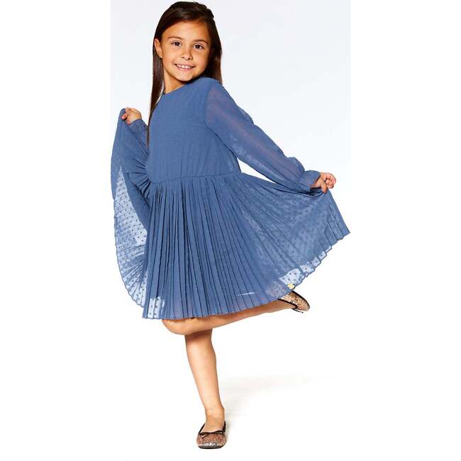 Chiffon Swiss Dot Heart Dress With Pleated Skirt, Old Blue - Dresses - 2