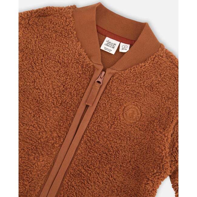 Embroidered Sherpa Zipper Jacket, Caramel - Jackets - 4