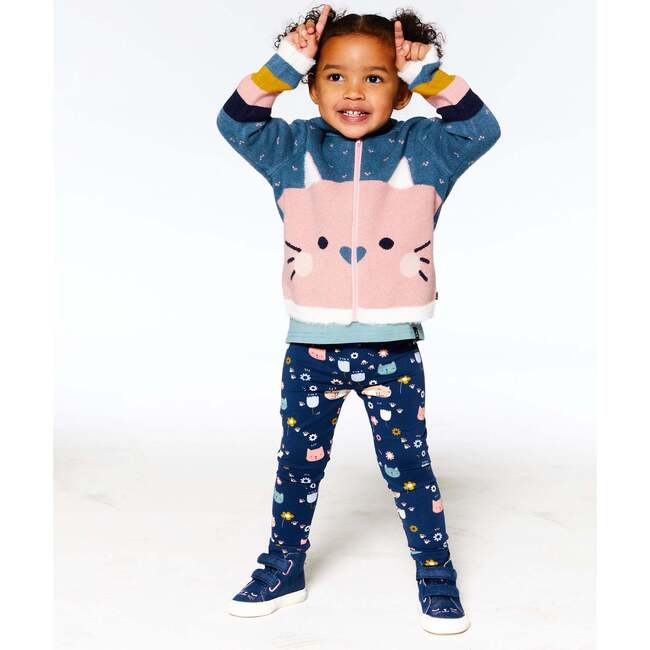 Cat Face Hooded Full Zip Knit Sweater, Sage Green & Rosette Pink - Sweaters - 3