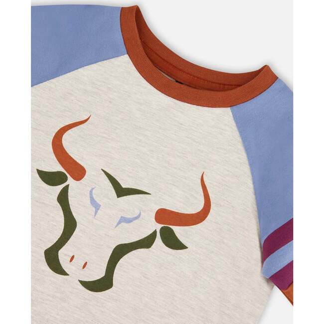 Buffalo Head Print Raglan Sleeeve Jersey T-Shirt, Oatmeal Mix - T-Shirts - 4