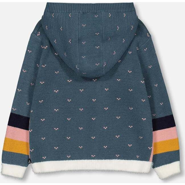 Cat Face Hooded Full Zip Knit Sweater, Sage Green & Rosette Pink - Sweaters - 4