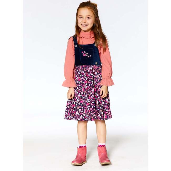 Bi-Material Ditsy Flower Print Embroidered Overall Dress, Dark Navy - Dresses - 2