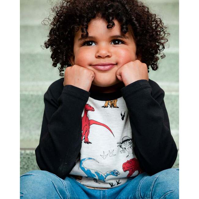 Dino Print Raglan Sleeve Jersey T-Shirt, Oatmeal Mix - T-Shirts - 2