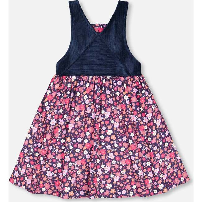 Bi-Material Ditsy Flower Print Embroidered Overall Dress, Dark Navy - Dresses - 3