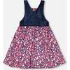 Bi-Material Ditsy Flower Print Embroidered Overall Dress, Dark Navy - Dresses - 3