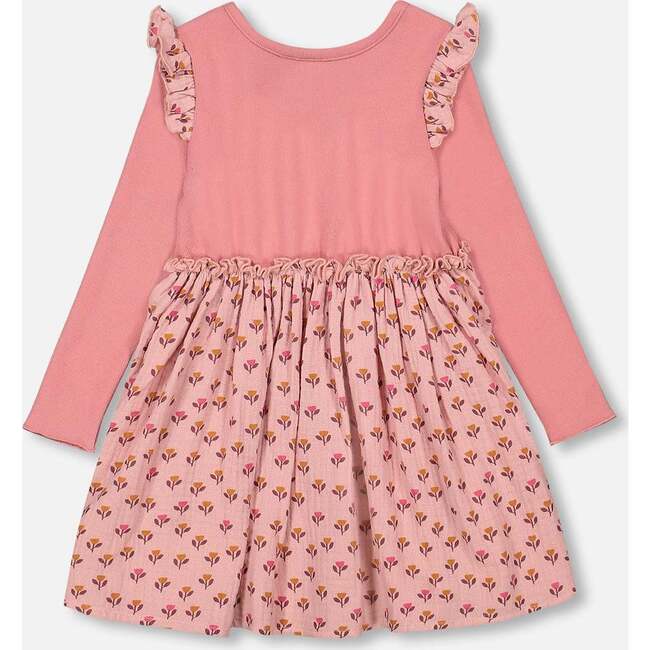 Bi-Material Tulip Print Muslin Dress, Pink - Dresses - 4