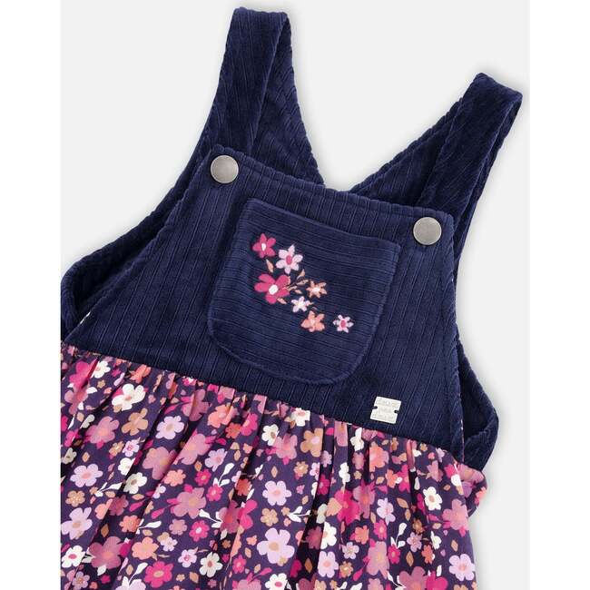 Bi-Material Ditsy Flower Print Embroidered Overall Dress, Dark Navy - Dresses - 4