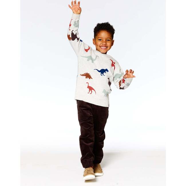 Dinosaurs Intarsia Crew Neck Sweater, Oatmeal Mix - Sweaters - 3