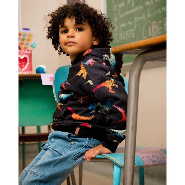 Dino Print Fleece Hoodie, Black Multicolor
