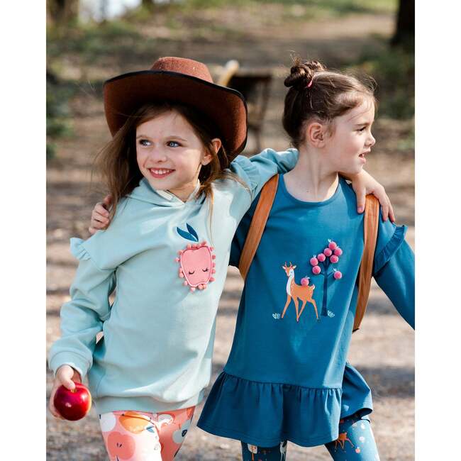 Deer Print Long Sleeve Frilled Tunic With Pom-Poms, Teal Blue - Tunics - 2