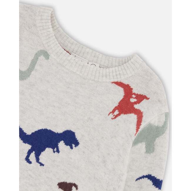 Dinosaurs Intarsia Crew Neck Sweater, Oatmeal Mix - Sweaters - 5