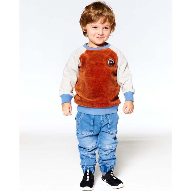 Color-Block Raglan Sleeve Velvet Sweatshirt, Burnt Orange & Blue - Sweatshirts - 2