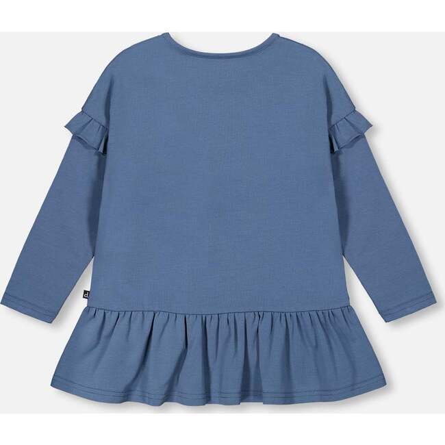 Deer Print Long Sleeve Frilled Tunic With Pom-Poms, Teal Blue - Tunics - 4