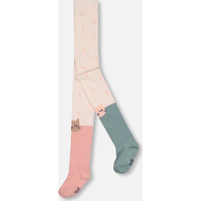 Color-Block Cat Face Tights, Cream, Rosette Pink & Sage Green