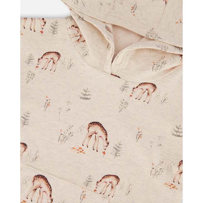 Deer Print Hooded French Terry Dress, Oatmeal Mix - Dresses - 4