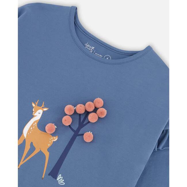 Deer Print Long Sleeve Frilled Tunic With Pom-Poms, Teal Blue - Tunics - 5