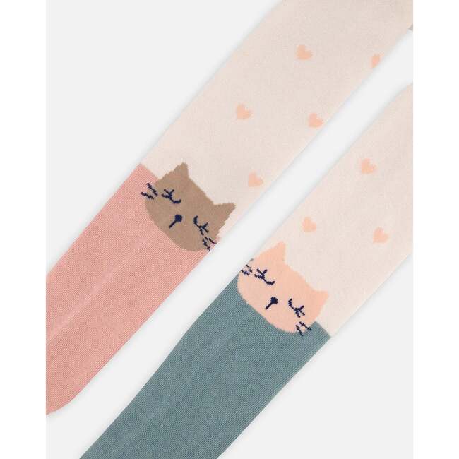 Color-Block Cat Face Tights, Cream, Rosette Pink & Sage Green - Tights - 5