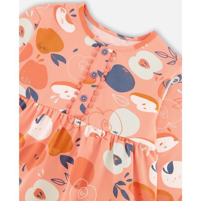 Apple Print Brushed Jersey Long Sleeve Dress, Salmon Pink - Dresses - 4
