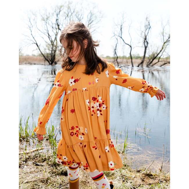 Floral Print Peasant Frilled Dress, Yellow Ochre - Dresses - 2