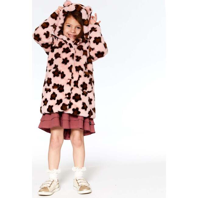 Floral Print Jacquard Faux Fur Hooded Coat, Pink & Brown - Jackets - 2