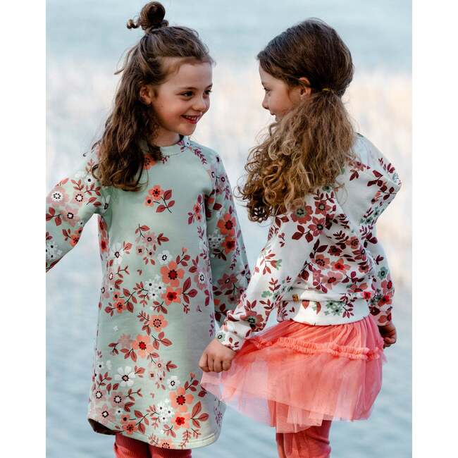 Floral Print Long Sleeve Fleece Dress, Sage Green - Dresses - 2