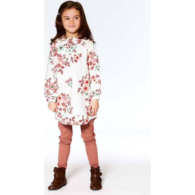 Floral Print Long Sleeve Fleece Dress, Off-White