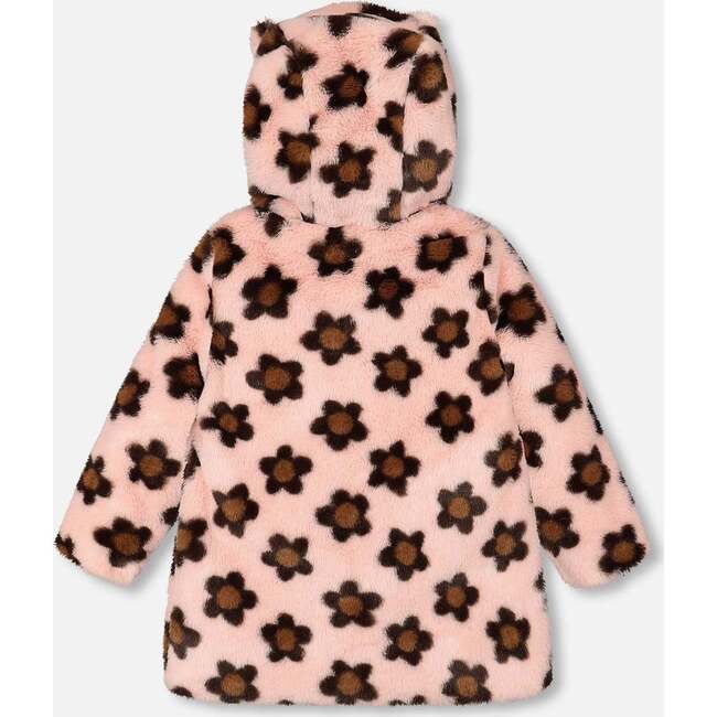 Floral Print Jacquard Faux Fur Hooded Coat, Pink & Brown - Jackets - 3