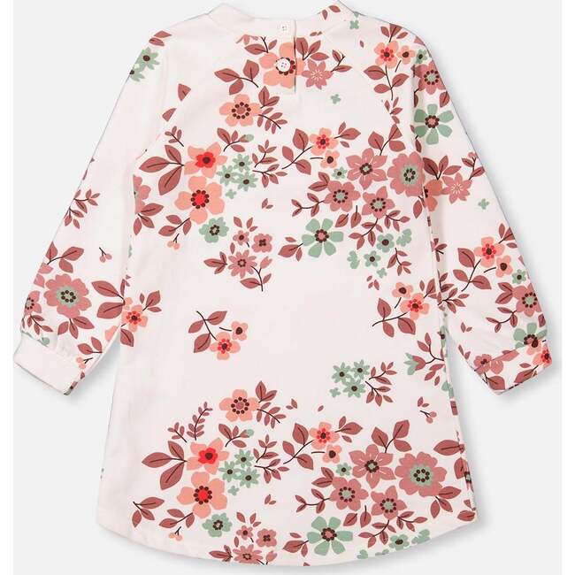 Floral Print Long Sleeve Fleece Dress, Off-White - Dresses - 3