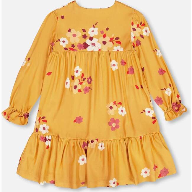 Floral Print Peasant Frilled Dress, Yellow Ochre - Dresses - 4