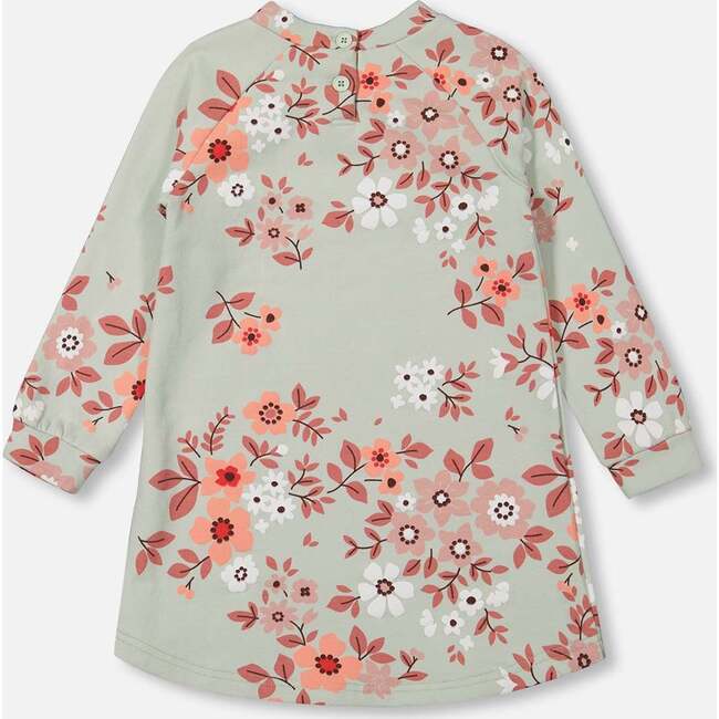 Floral Print Long Sleeve Fleece Dress, Sage Green - Dresses - 4