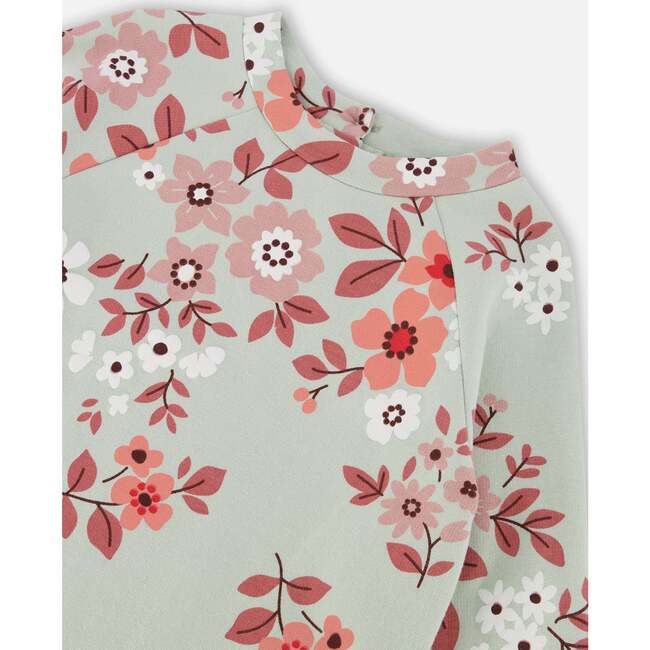 Floral Print Long Sleeve Fleece Dress, Sage Green - Dresses - 5