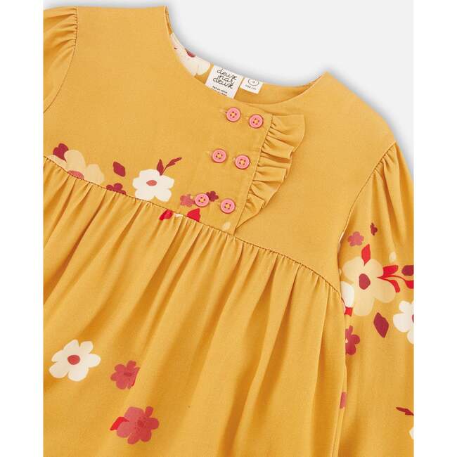 Floral Print Peasant Frilled Dress, Yellow Ochre - Dresses - 5
