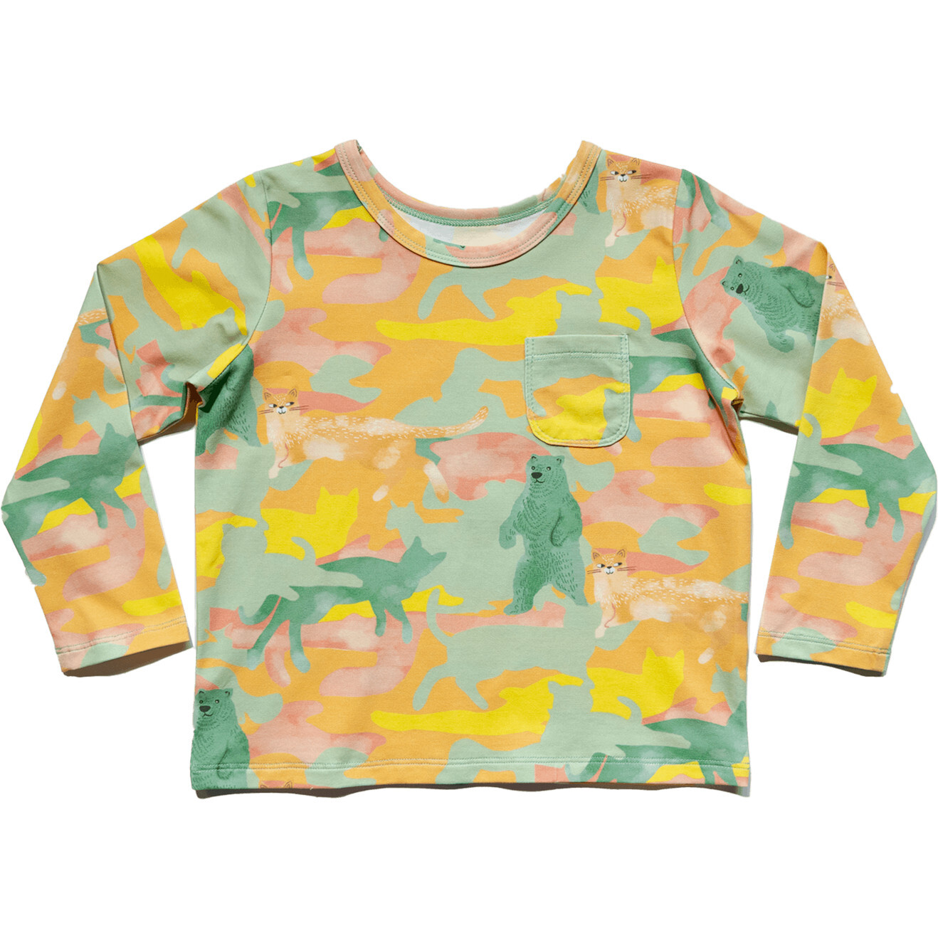 Billie Print Long Sleeve Pocket Tee, Camou Animals - T-Shirts - 1