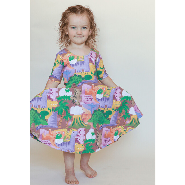 Reese Print Scoop Neck Dress, Dino Puzzle Nutmeg - Dresses - 4