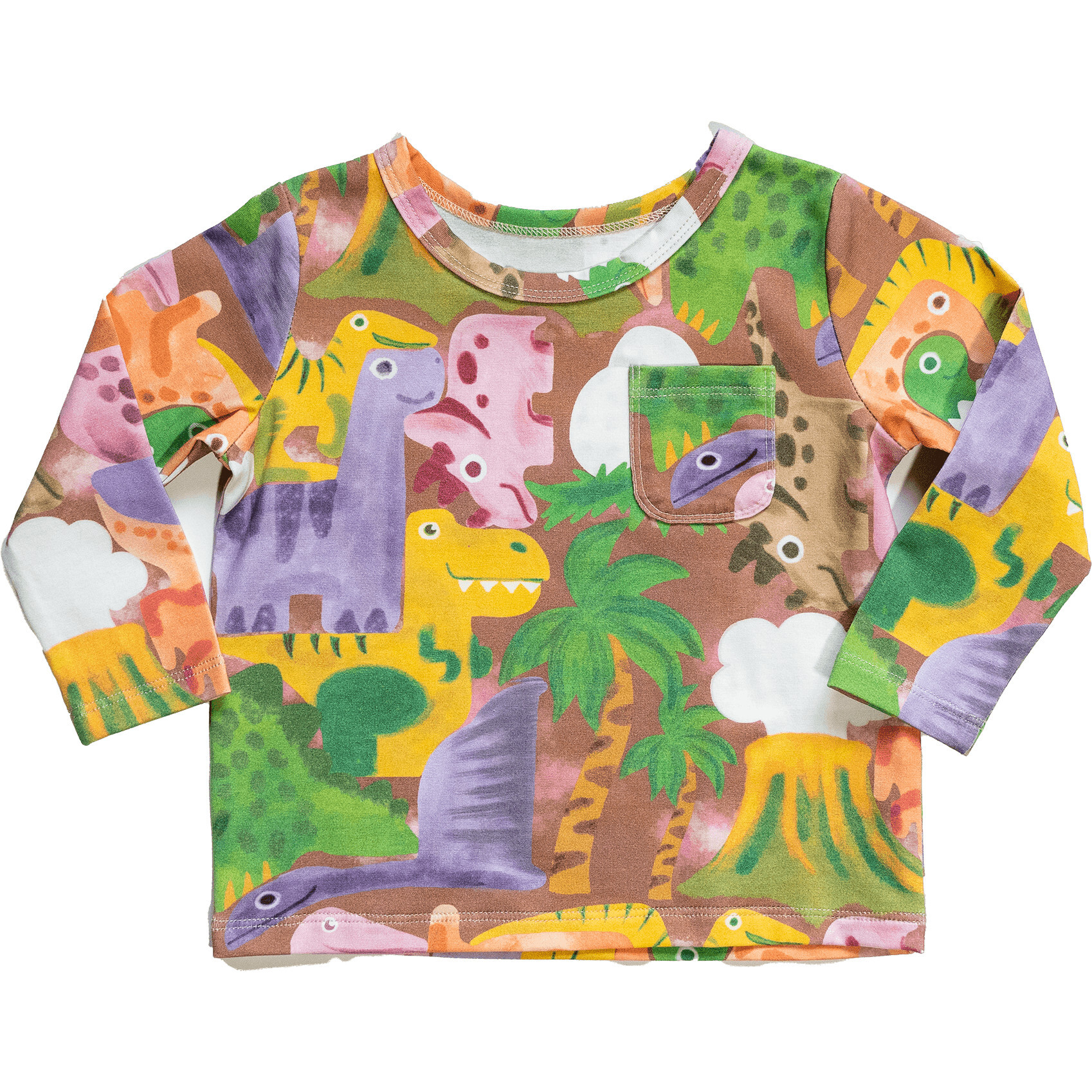 Billie Print Long Sleeve Pocket Tee, Dino Puzzle Nutmeg - T-Shirts - 1