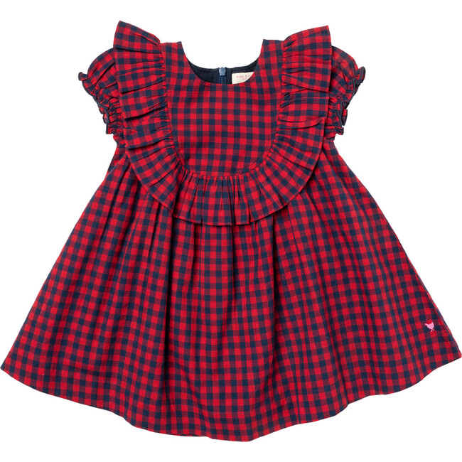 Girls Brayden Ruffle Dress, Navy/Red Gingham