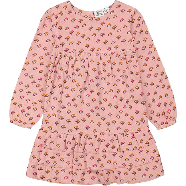 Tulip Print Muslin Long Sleeve Frilled Dress, Pinky - Dresses - 1