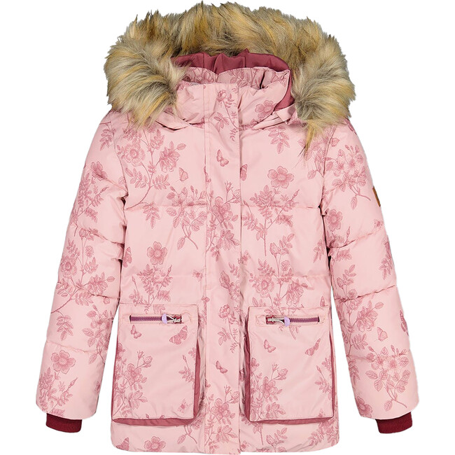 Vintage Floral Print Faux Fur Hooded Puffy Jacket, Pink