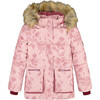 Vintage Floral Print Faux Fur Hooded Puffy Jacket, Pink - Jackets - 1 - thumbnail