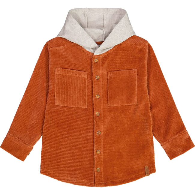 Ribbed Velvet Oversized Hooded Shirt, Burnt Orange